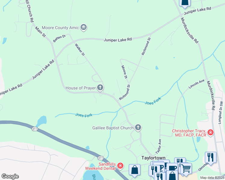 map of restaurants, bars, coffee shops, grocery stores, and more near Main Street in Pinehurst