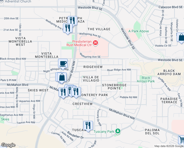 map of restaurants, bars, coffee shops, grocery stores, and more near 5501 Saturnia Road Northwest in Albuquerque