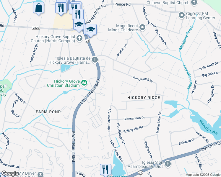 map of restaurants, bars, coffee shops, grocery stores, and more near 6517 Lake Forest Road East in Charlotte