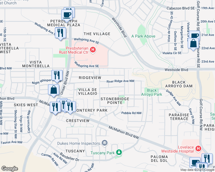 map of restaurants, bars, coffee shops, grocery stores, and more near 5339 Stream Stone Avenue Northwest in Albuquerque