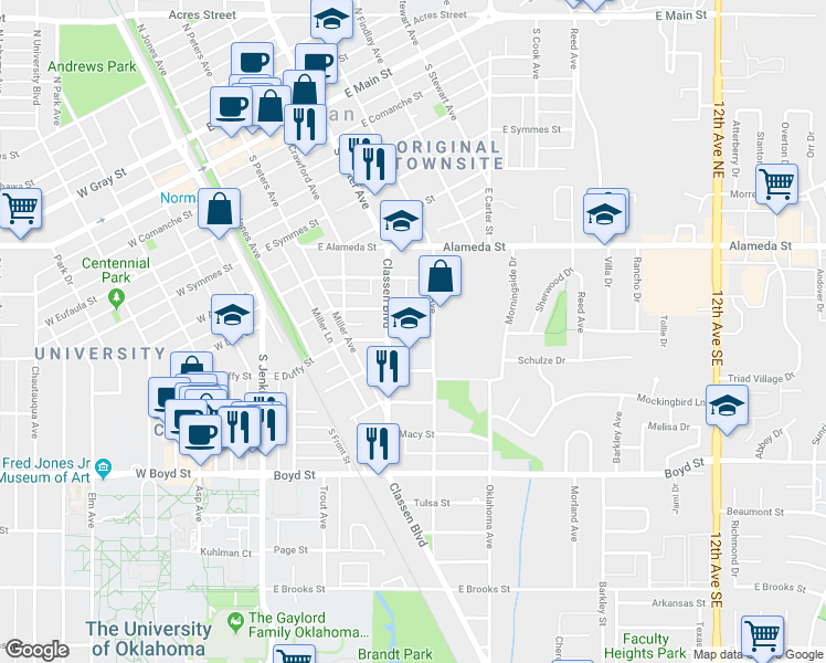 map of restaurants, bars, coffee shops, grocery stores, and more near 423 East Duffy Street in Norman