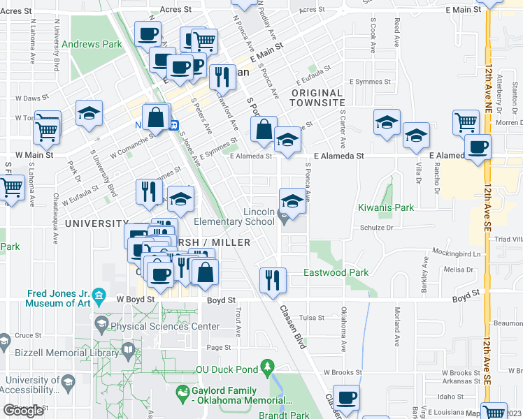 map of restaurants, bars, coffee shops, grocery stores, and more near 315 East Duffy Street in Norman