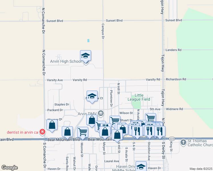 map of restaurants, bars, coffee shops, grocery stores, and more near 500 Campus Drive in Arvin