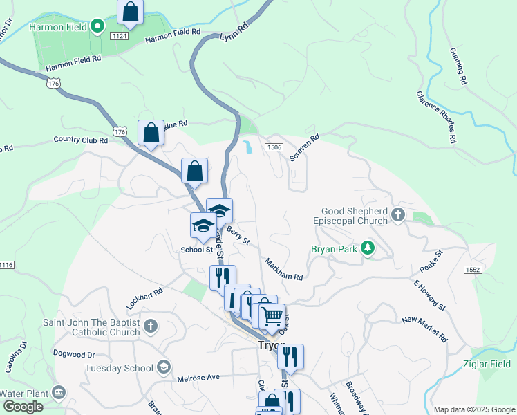 map of restaurants, bars, coffee shops, grocery stores, and more near 348 Grady Avenue in Tryon