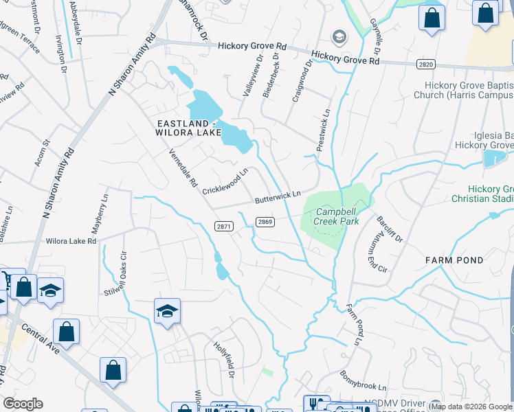 map of restaurants, bars, coffee shops, grocery stores, and more near 4708 Butterwick Lane in Charlotte