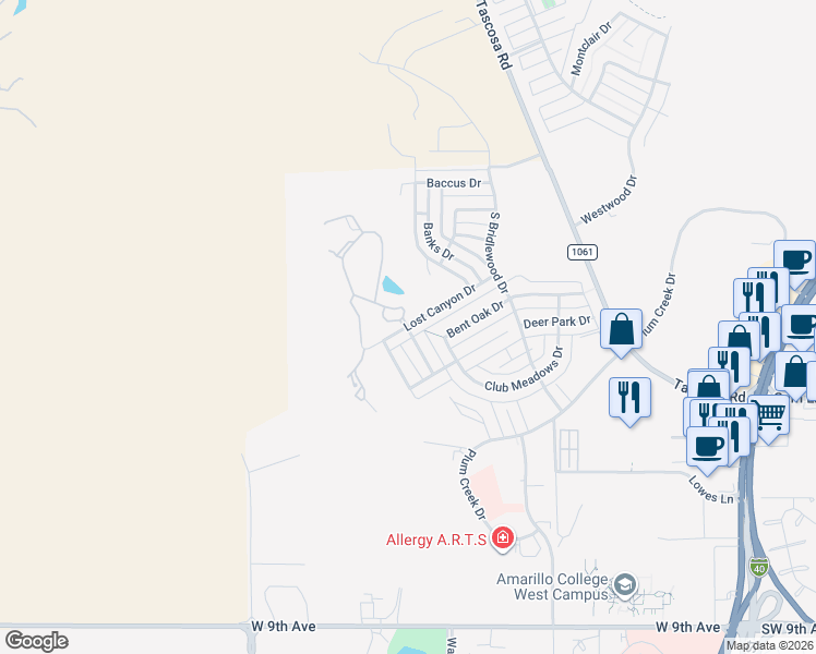 map of restaurants, bars, coffee shops, grocery stores, and more near 6881 Lost Canyon Drive in Amarillo