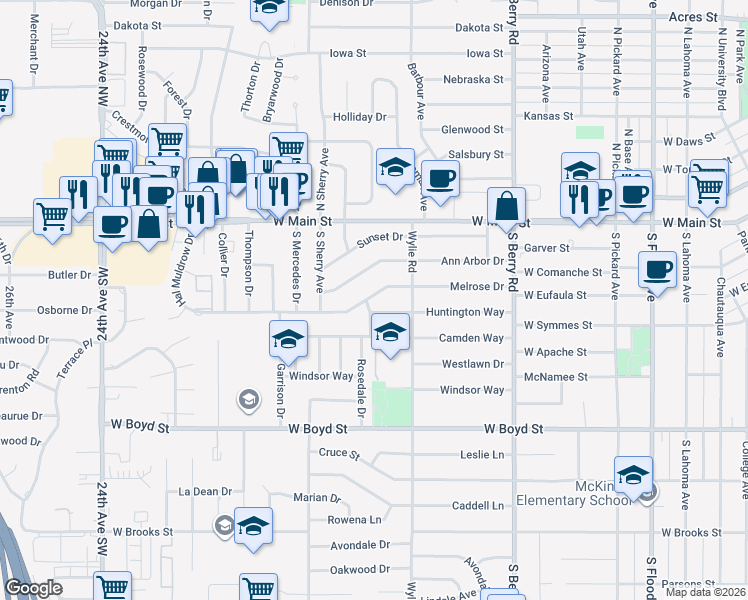 map of restaurants, bars, coffee shops, grocery stores, and more near 1512 Melrose Drive in Norman