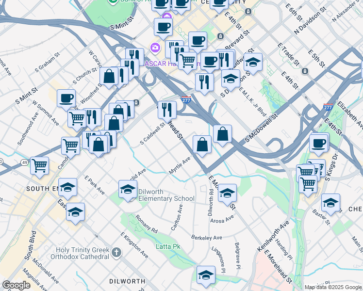 map of restaurants, bars, coffee shops, grocery stores, and more near 700 East Morehead Street in Charlotte