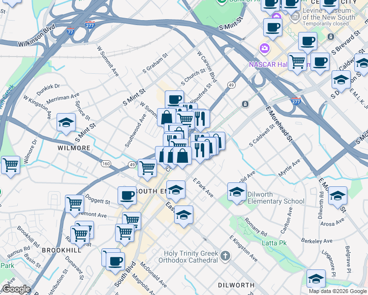 map of restaurants, bars, coffee shops, grocery stores, and more near 1515 Camden Road in Charlotte