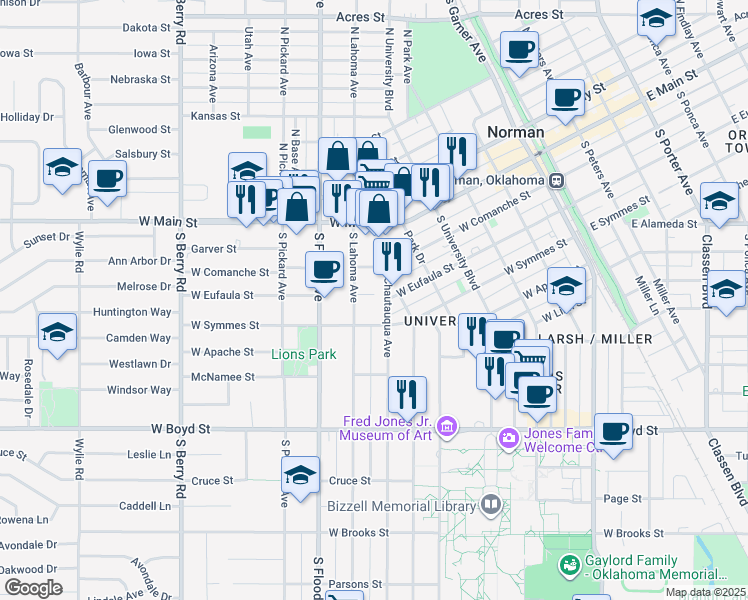 map of restaurants, bars, coffee shops, grocery stores, and more near 704 West Eufaula Street in Norman