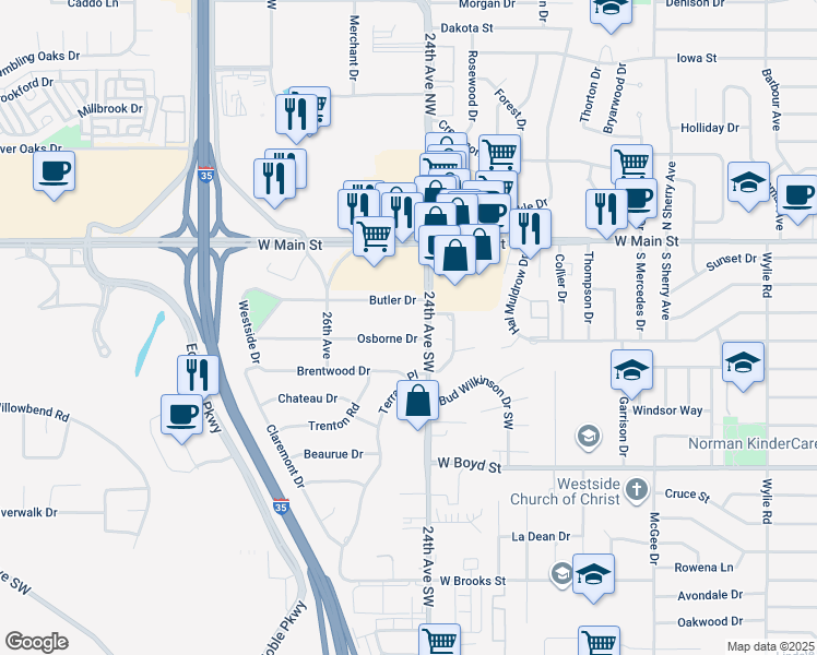 map of restaurants, bars, coffee shops, grocery stores, and more near 2409 Osborne Drive in Norman