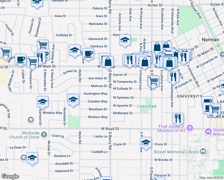 map of restaurants, bars, coffee shops, grocery stores, and more near 1118 West Eufaula Street in Norman