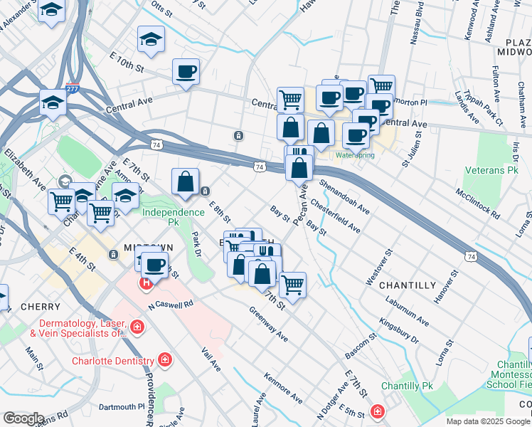 map of restaurants, bars, coffee shops, grocery stores, and more near 614 Clement Avenue in Charlotte