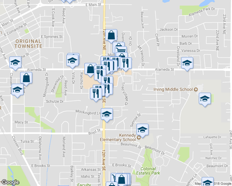 map of restaurants, bars, coffee shops, grocery stores, and more near 275 12th Avenue Southeast in Norman