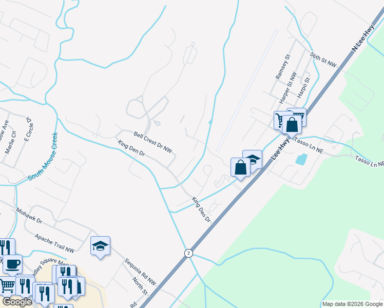 map of restaurants, bars, coffee shops, grocery stores, and more near 353 Kings Cove Court Northwest in Cleveland