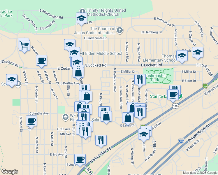 map of restaurants, bars, coffee shops, grocery stores, and more near 3009 North Patterson Boulevard in Flagstaff