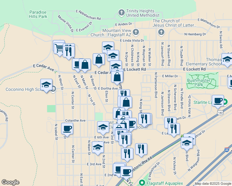 map of restaurants, bars, coffee shops, grocery stores, and more near 2721 North Fourth Street in Flagstaff