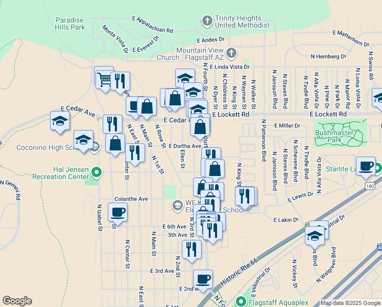 map of restaurants, bars, coffee shops, grocery stores, and more near 2801 North 3rd Street in Flagstaff