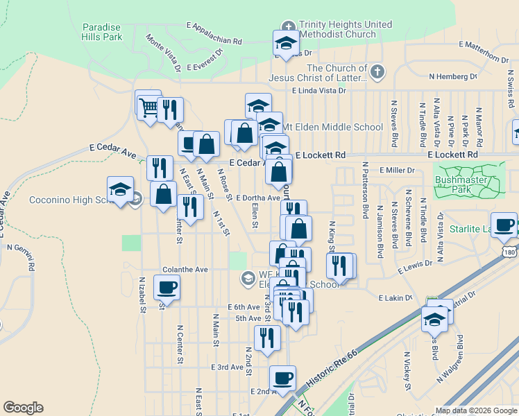 map of restaurants, bars, coffee shops, grocery stores, and more near 2801 North 3rd Street in Flagstaff