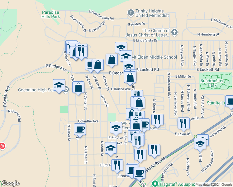 map of restaurants, bars, coffee shops, grocery stores, and more near 2800 North Rose Street in Flagstaff