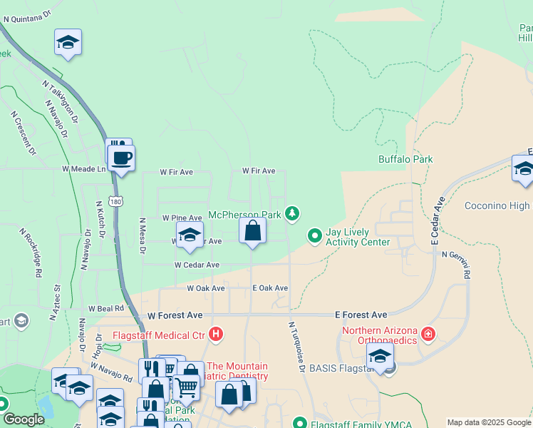 map of restaurants, bars, coffee shops, grocery stores, and more near 1802 North San Francisco Street in Flagstaff