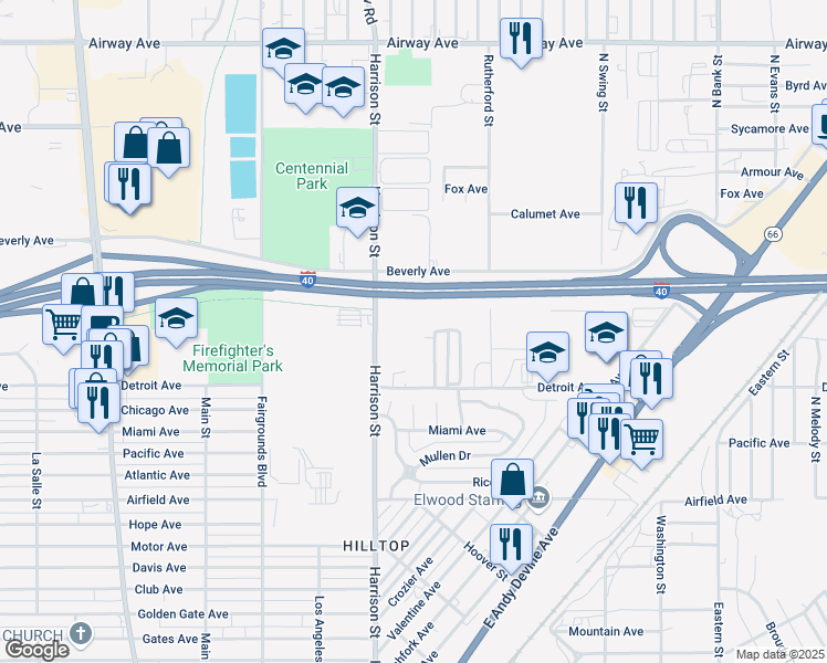 map of restaurants, bars, coffee shops, grocery stores, and more near 3150 Harrison Street in Kingman
