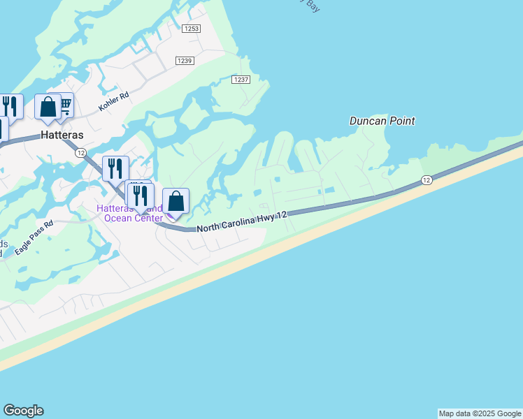 map of restaurants, bars, coffee shops, grocery stores, and more near 56910 North Carolina 12 in Hatteras