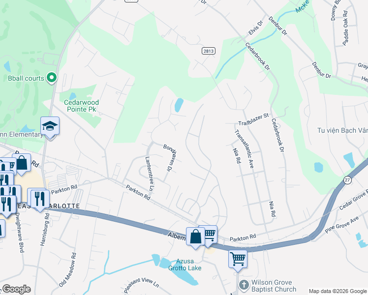 map of restaurants, bars, coffee shops, grocery stores, and more near 7421 Grandview Ridge Drive in Charlotte