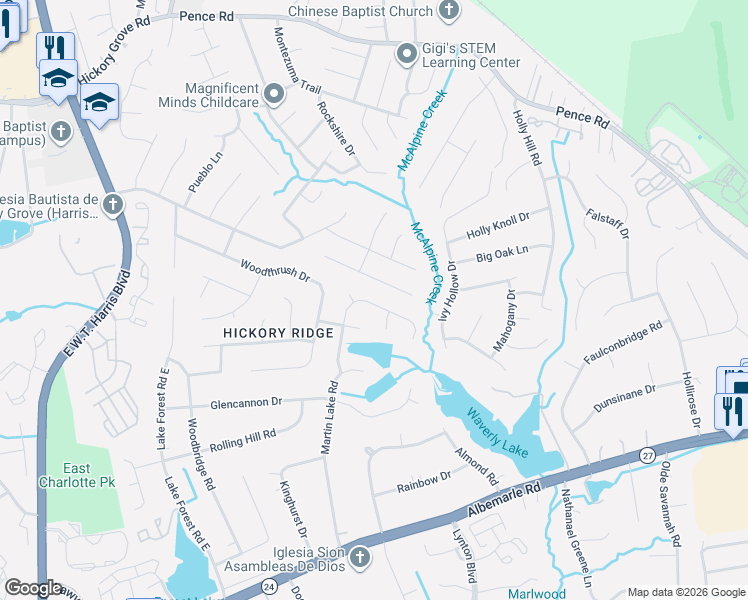 map of restaurants, bars, coffee shops, grocery stores, and more near 7521 Prindle Lake Drive in Charlotte