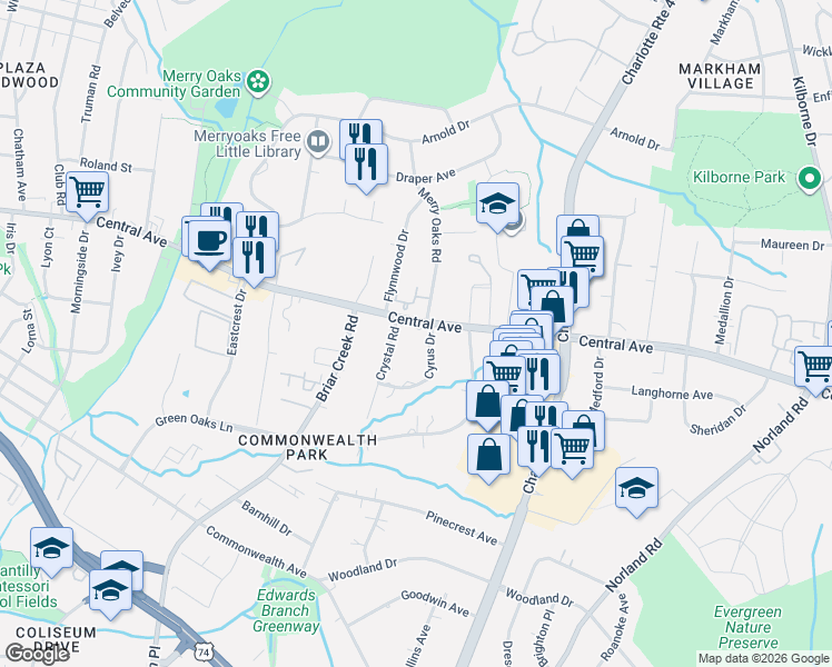 map of restaurants, bars, coffee shops, grocery stores, and more near 1542 Crystal Road in Charlotte