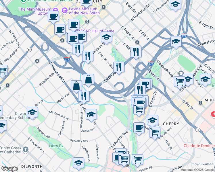 map of restaurants, bars, coffee shops, grocery stores, and more near 900 East Stonewall Street in Charlotte
