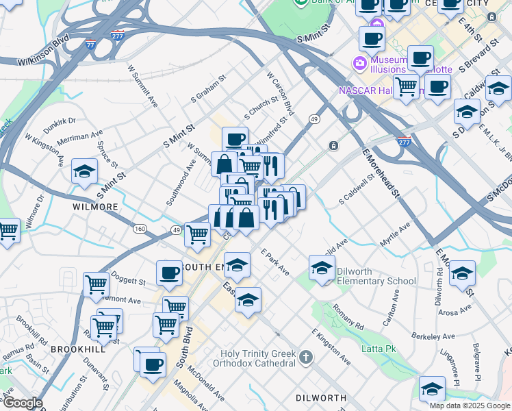 map of restaurants, bars, coffee shops, grocery stores, and more near 1515 Camden Road in Charlotte