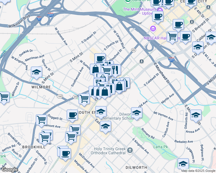 map of restaurants, bars, coffee shops, grocery stores, and more near 1515 Camden Road in Charlotte