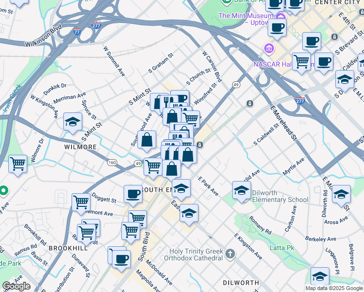 map of restaurants, bars, coffee shops, grocery stores, and more near 102 West Park Avenue in Charlotte