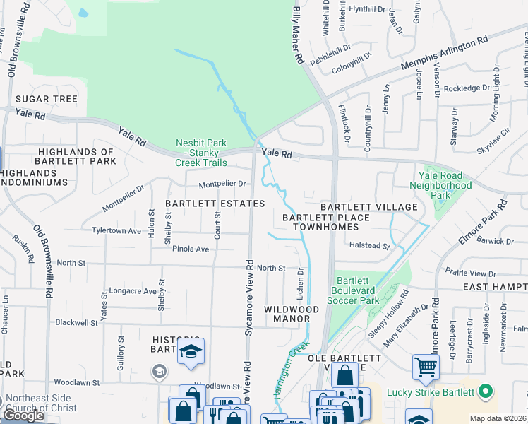 map of restaurants, bars, coffee shops, grocery stores, and more near 5867 Sycamore Manor Cove in Bartlett