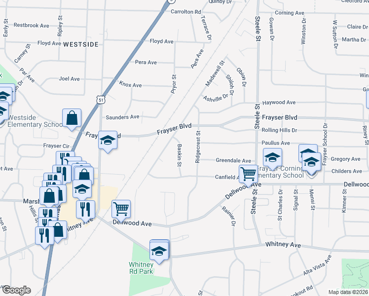 map of restaurants, bars, coffee shops, grocery stores, and more near 3294 Baskin Street in Memphis