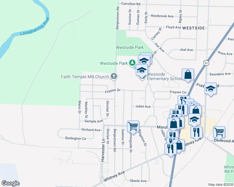 map of restaurants, bars, coffee shops, grocery stores, and more near 3294 Benjestown Road in Memphis