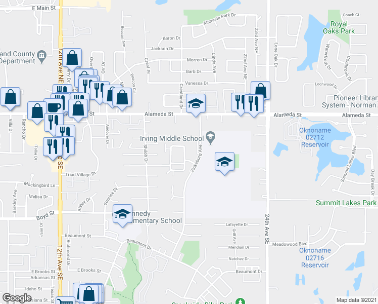 map of restaurants, bars, coffee shops, grocery stores, and more near 217 Bull Run Street in Norman
