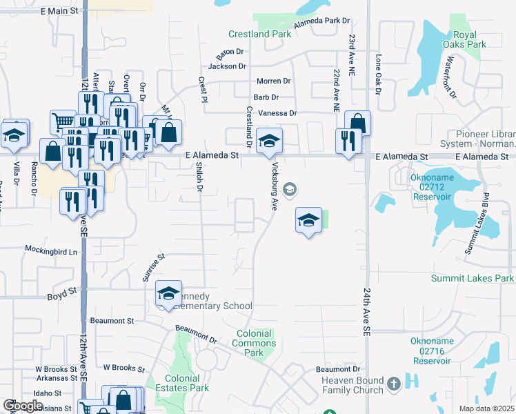 map of restaurants, bars, coffee shops, grocery stores, and more near 217 Bull Run Street in Norman