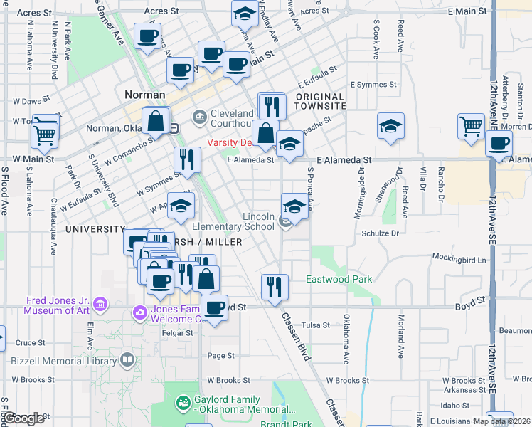 map of restaurants, bars, coffee shops, grocery stores, and more near 321 East Duffy Street in Norman