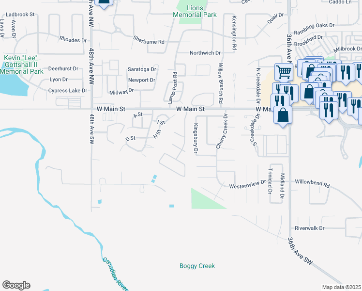 map of restaurants, bars, coffee shops, grocery stores, and more near 4234 Wembleton Circle in Norman