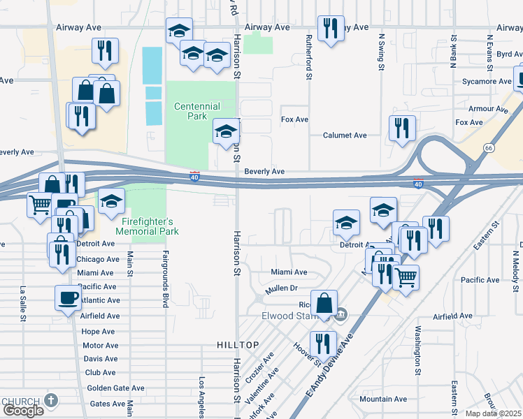 map of restaurants, bars, coffee shops, grocery stores, and more near 3180 Harrison Street in Kingman
