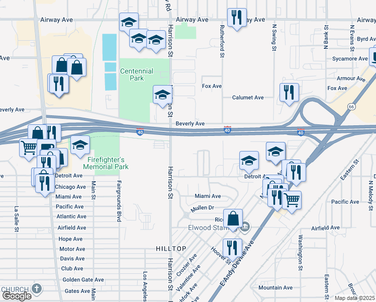 map of restaurants, bars, coffee shops, grocery stores, and more near 3180 Harrison Street in Kingman