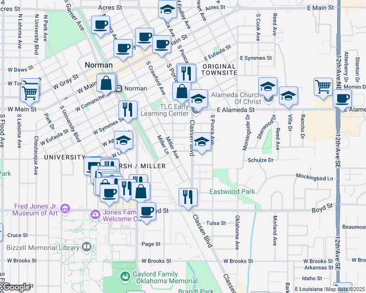 map of restaurants, bars, coffee shops, grocery stores, and more near 325 East Duffy Street in Norman