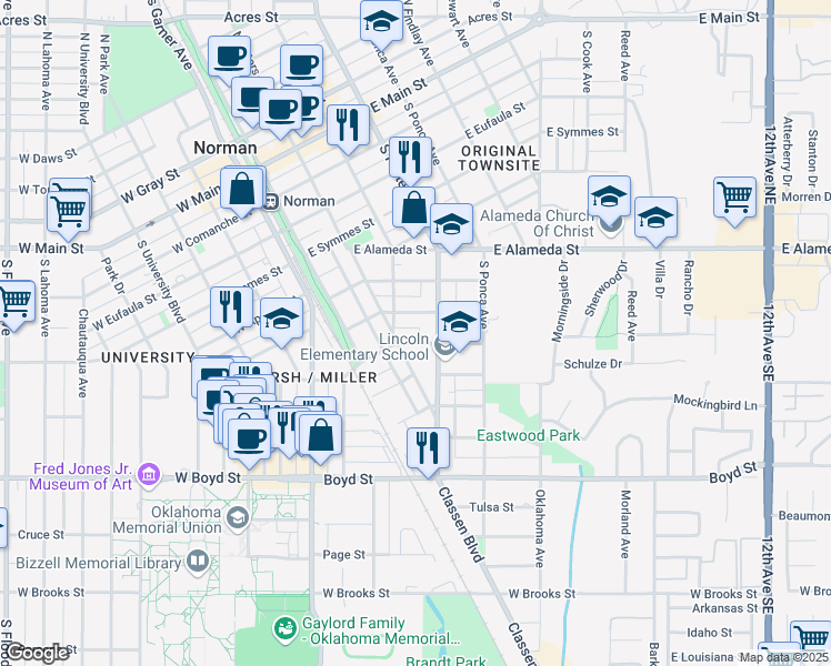 map of restaurants, bars, coffee shops, grocery stores, and more near 321 East Duffy Street in Norman