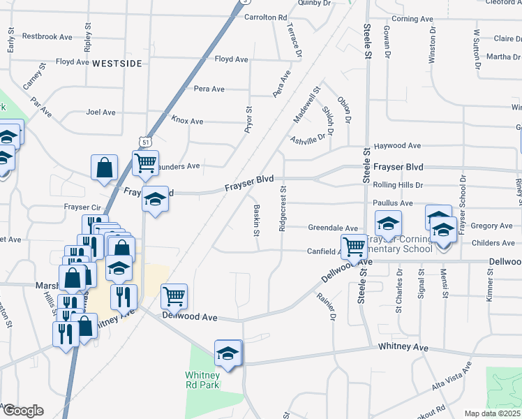 map of restaurants, bars, coffee shops, grocery stores, and more near 3294 Baskin Street in Memphis