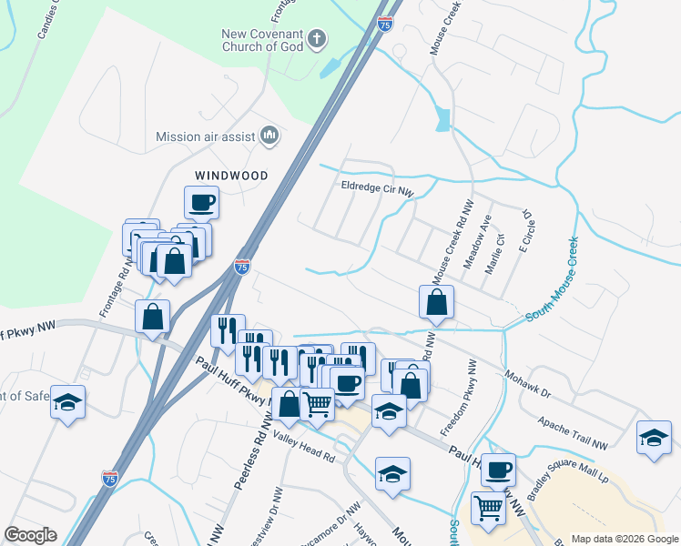 map of restaurants, bars, coffee shops, grocery stores, and more near 1121 Hamilton Circle Northwest in Cleveland