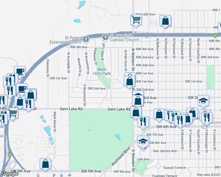 map of restaurants, bars, coffee shops, grocery stores, and more near 100 West Hills Boulevard East in Amarillo