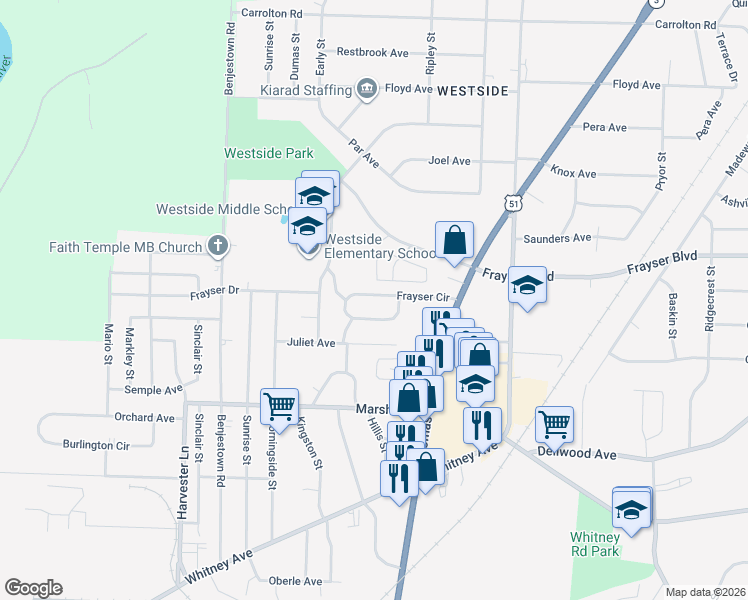 map of restaurants, bars, coffee shops, grocery stores, and more near 883 Frayser Circle in Memphis
