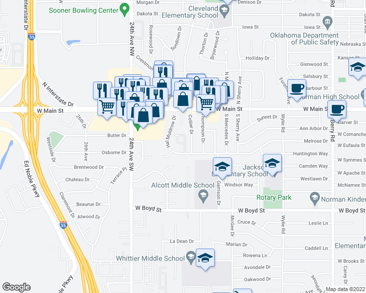 map of restaurants, bars, coffee shops, grocery stores, and more near 2117 Melrose Drive in Norman